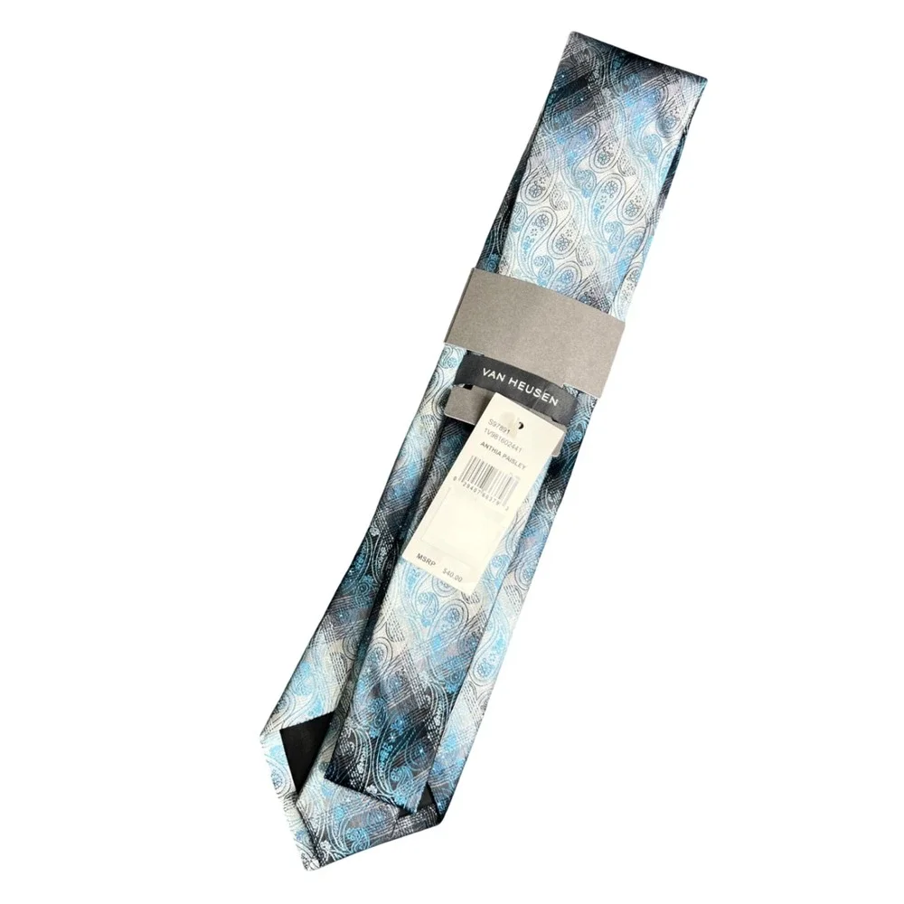 Van Heusen Mens Anthia Paisley Silk Tie Blue Silver Black NEW